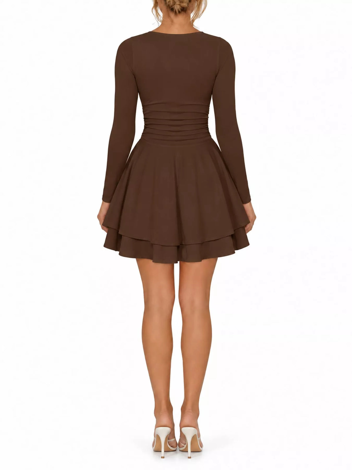 Square neck long sleeve mini dress, back view