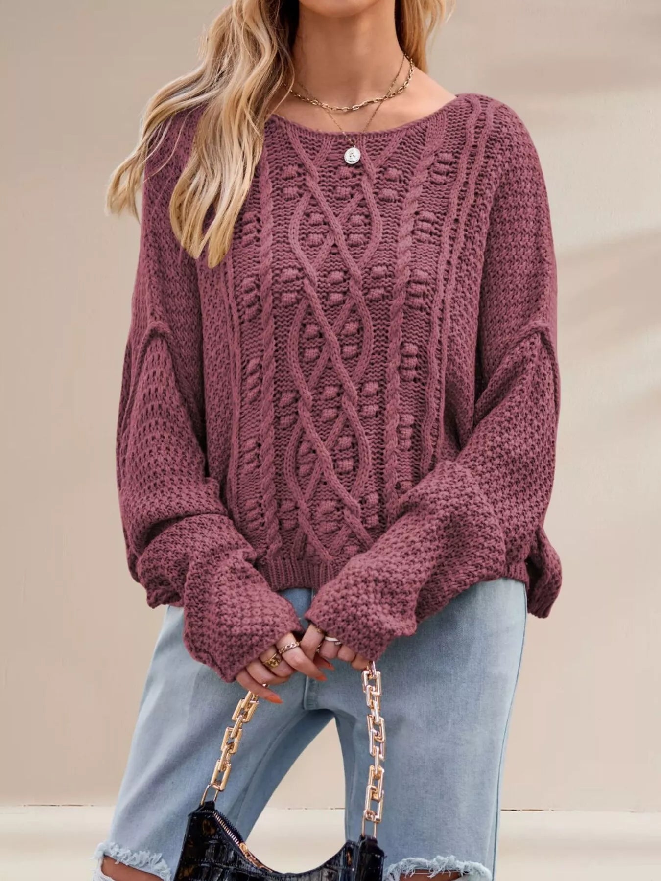 Trendsi Cable Knit Dropped Shoulder Sweater -