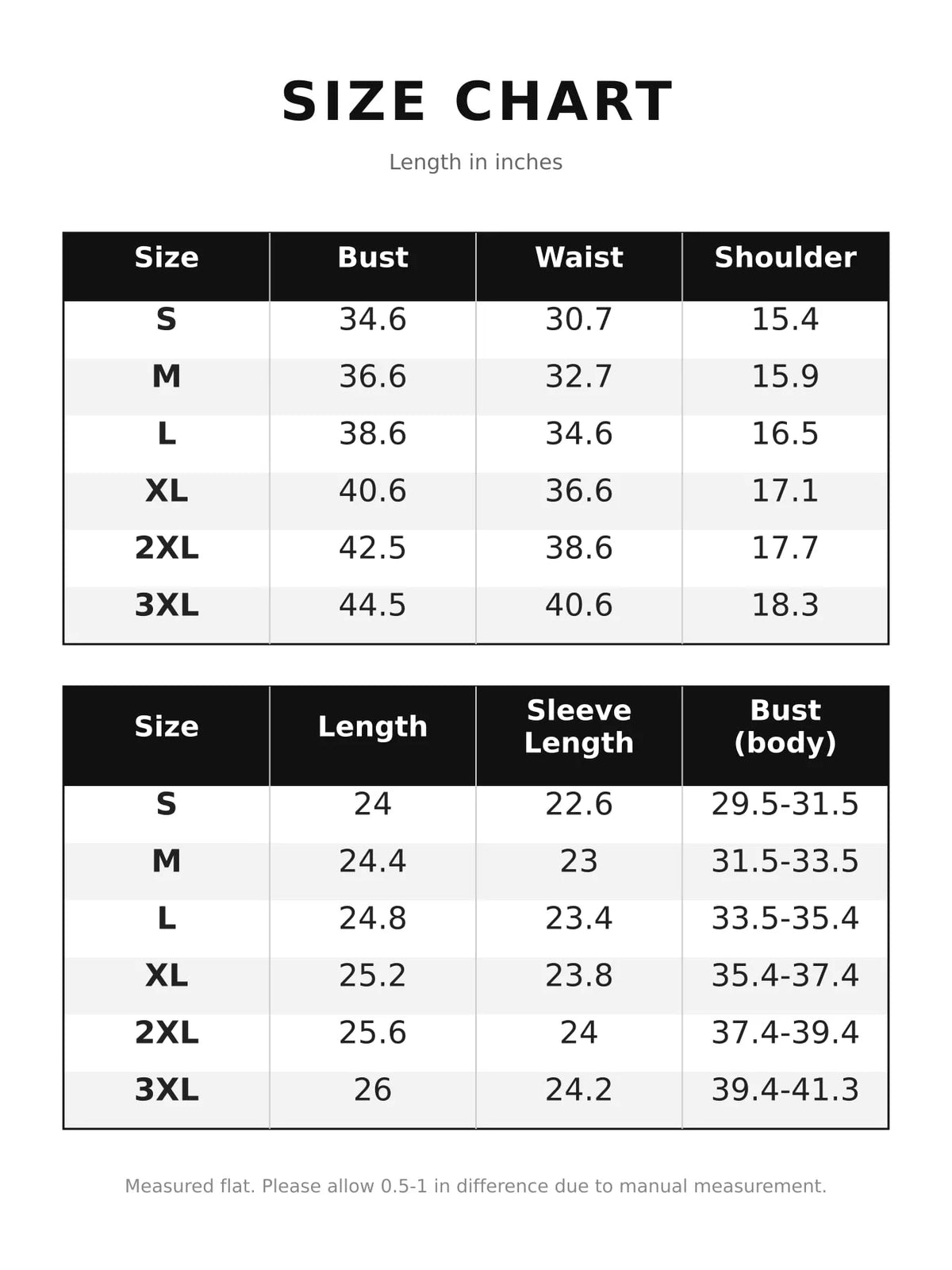 Quilted Lightweight Button-Down Jacket — size and measurement chart