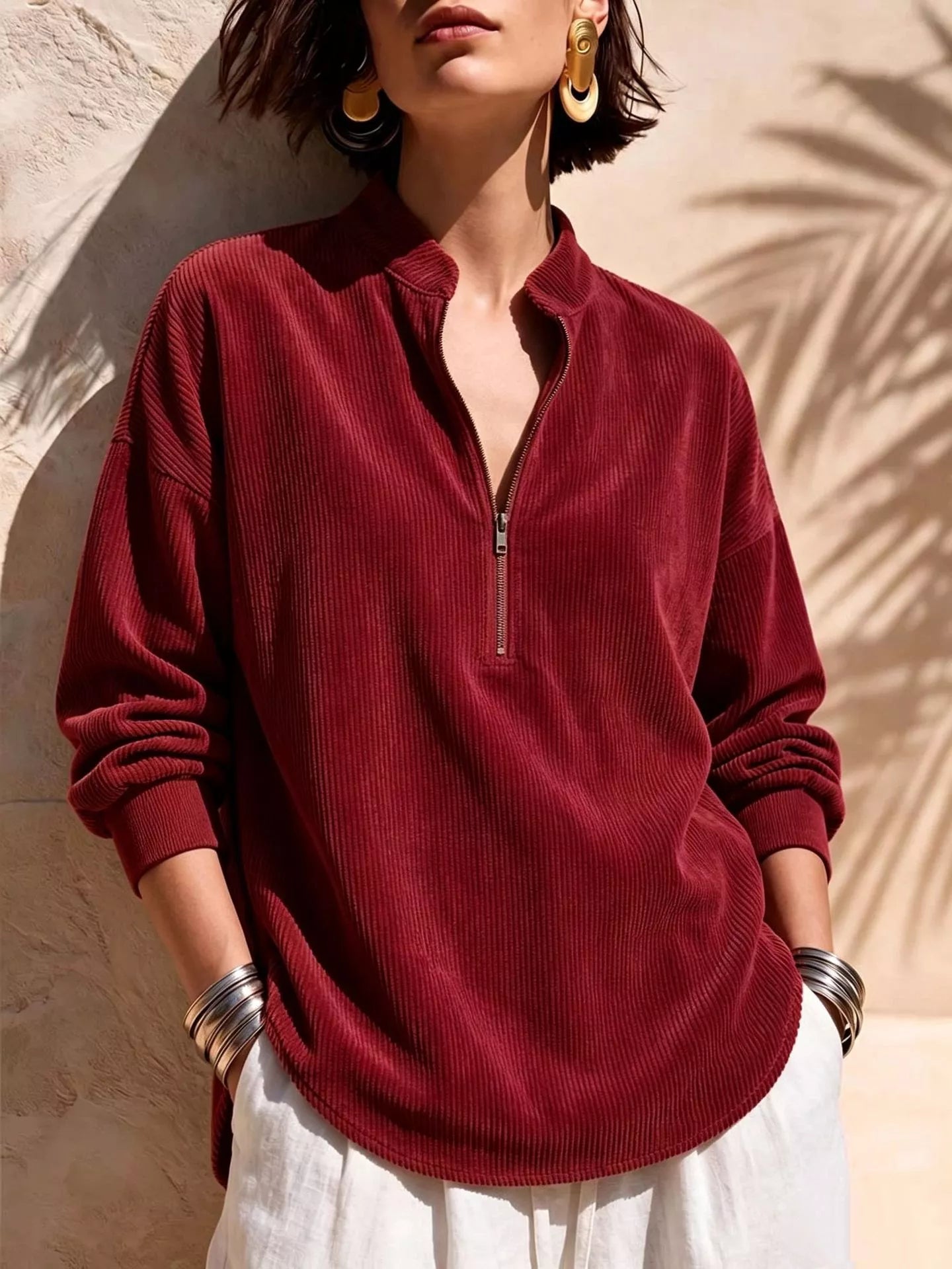 Trendsi Full Size Ribbed Half-Zip Corduroy Sweatshirt Plus Size -