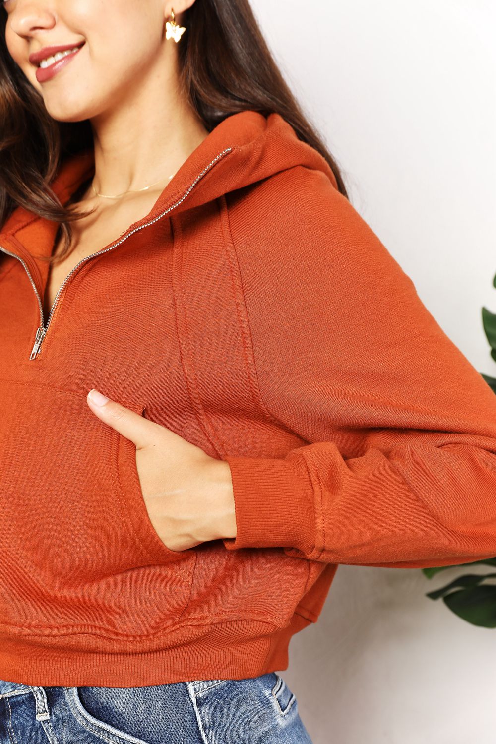 Cropped half-zip long-sleeve hoodie