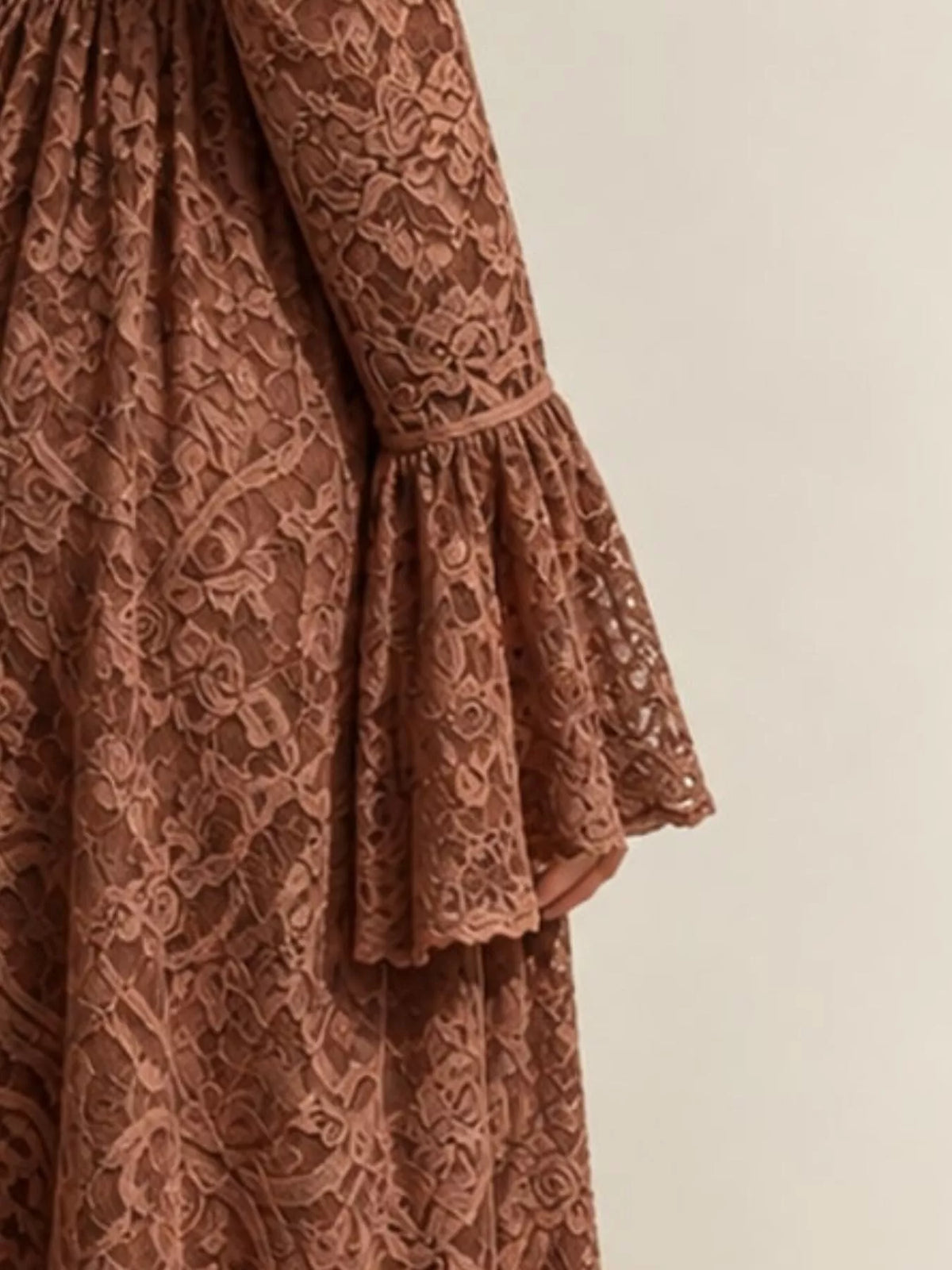 Lace maxi dress, brown bell sleeve detail