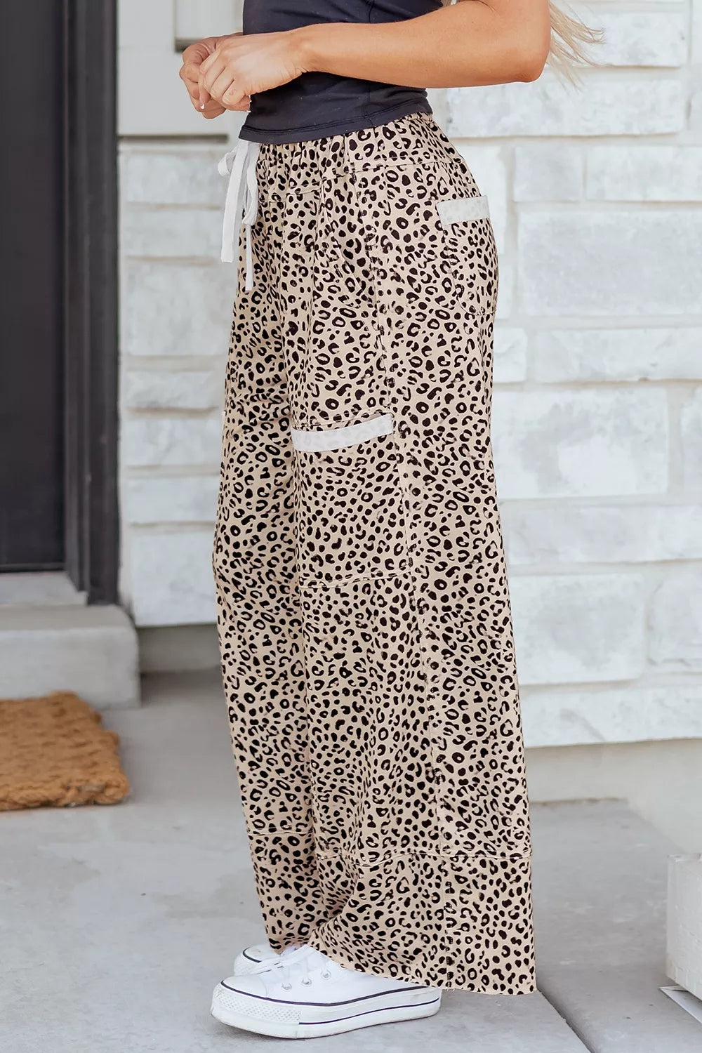 Trendsi Leopard Print Wide-Leg Pants with Drawstring -