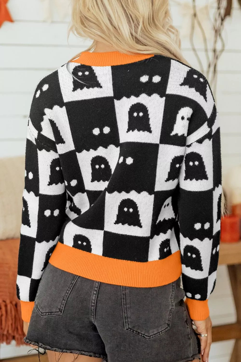 Trendsi Halloween Ghost Pattern Checkerboard Sweater -
