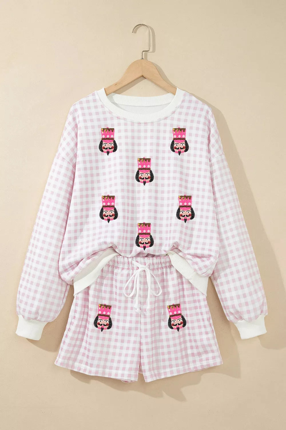 Plaid Sequin Nutcracker Graphic Long Sleeve Shorts Set — garment front