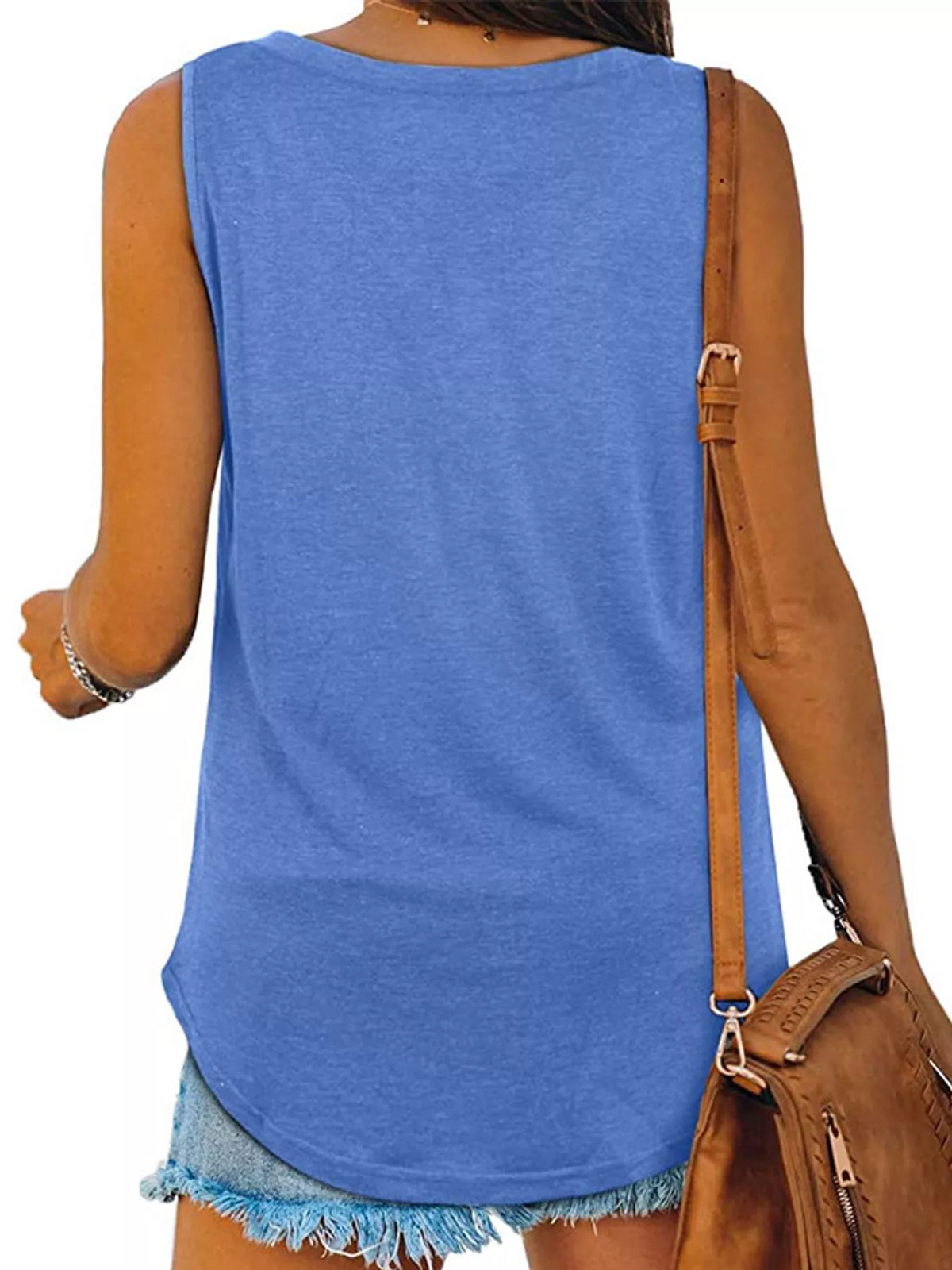 Blue v-neck loose fit tank top, back view