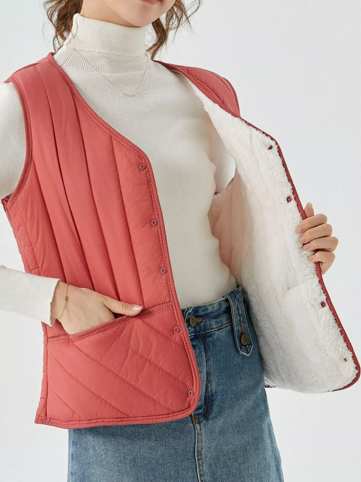 Quilted Button Up Vest in red, front view