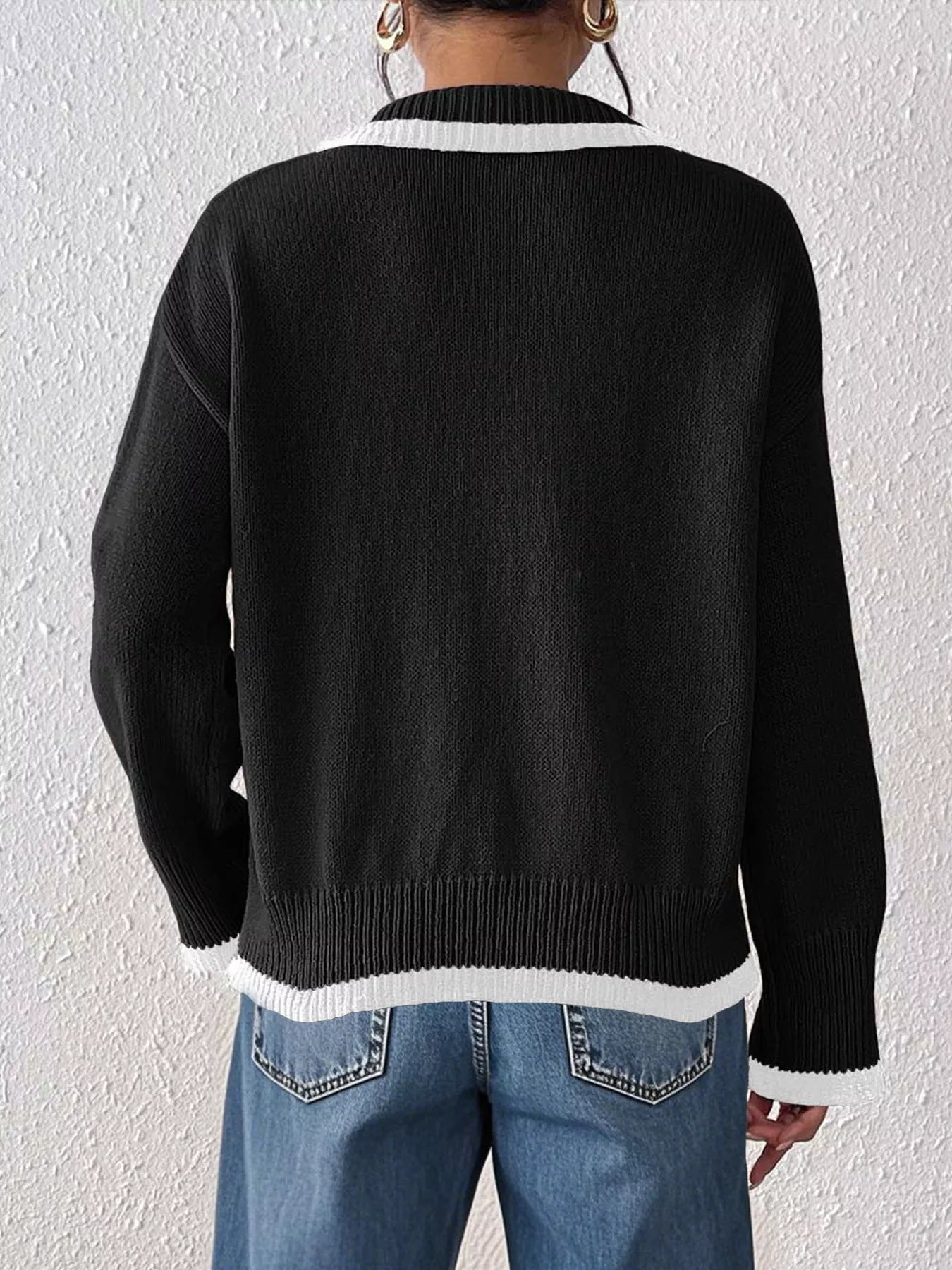 Flower contrast-trim dropped-shoulder sweater
