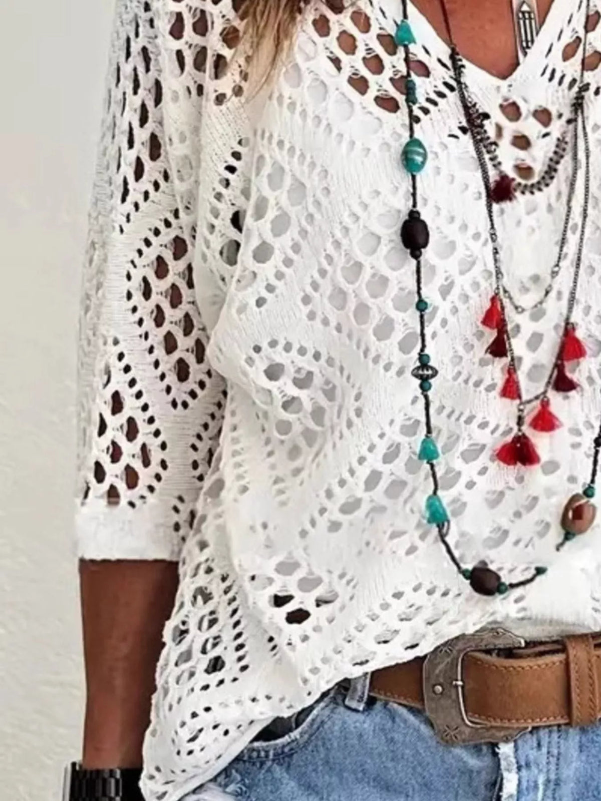 White openwork crochet cover-up, crochet detail