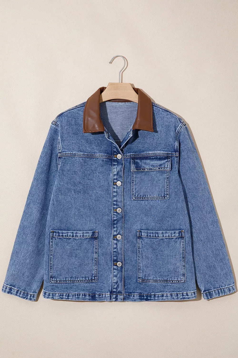 Trendsi Patchwork Leather Collar Long Sleeve Denim Jacket -