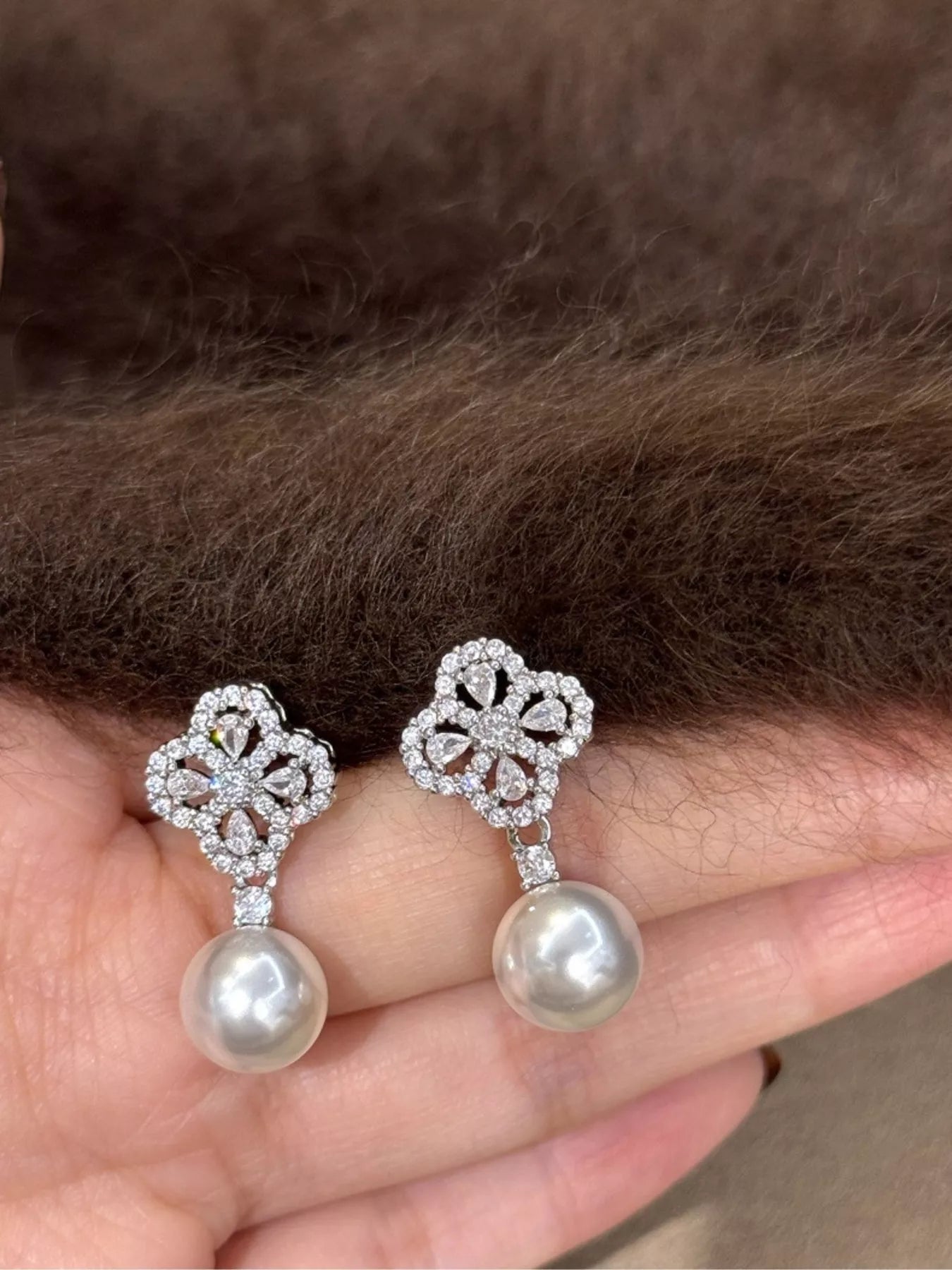 Trendsi Zircon Four Leaf Clover Pearl Drop Earrings -