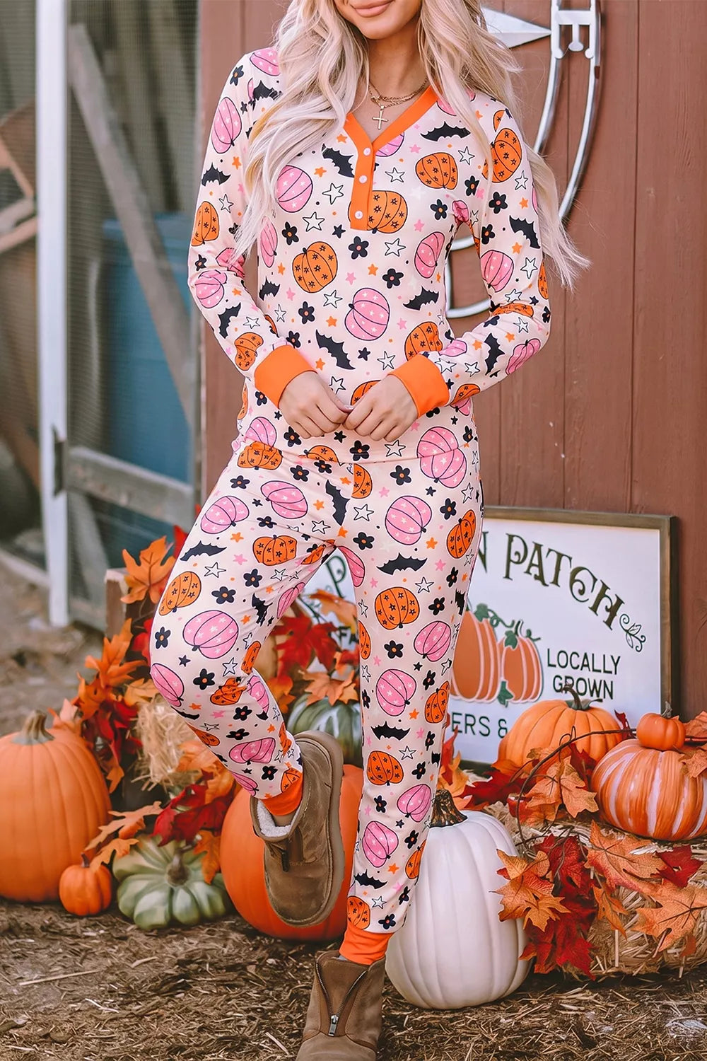 Trendsi Halloween Pumpkin Print Long Sleeve Home Wear Lounge Set -