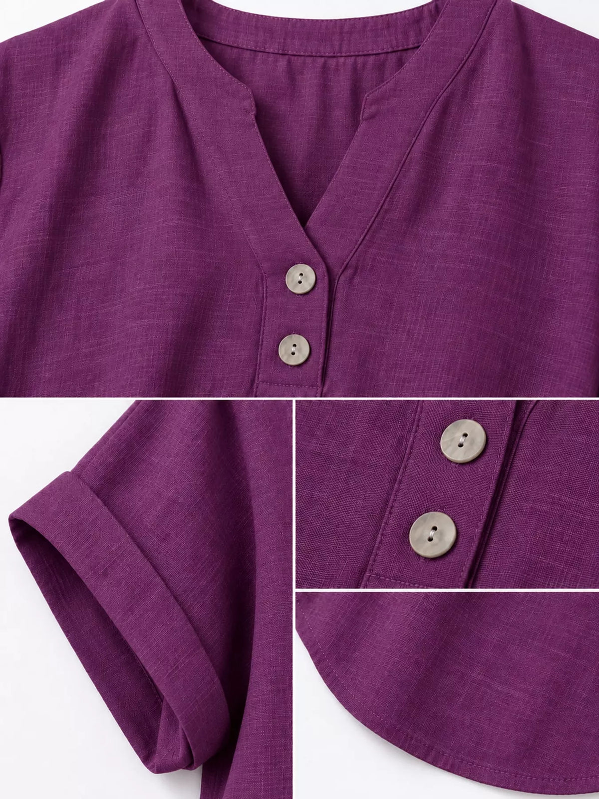 Purple button detail short sleeve blouse, detail view