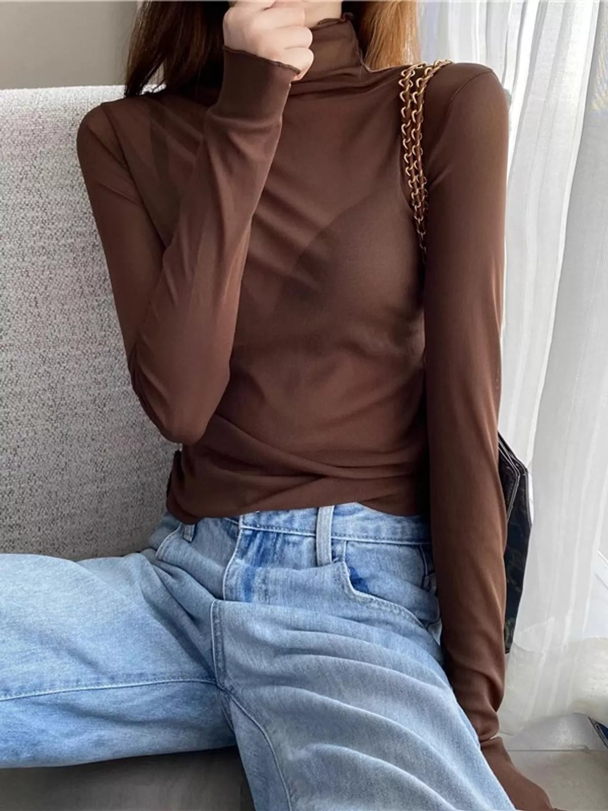 Brown sheer turtleneck mesh t-shirt