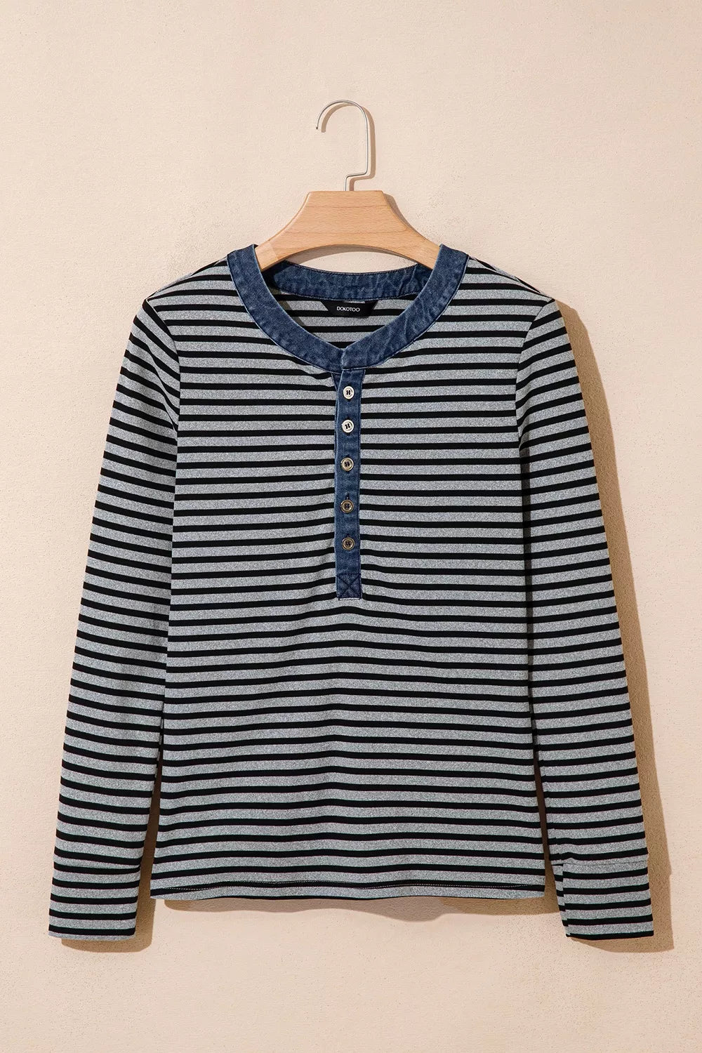 Trendsi Stripe Denim Contrast Collar Half Button Long Sleeve Top -