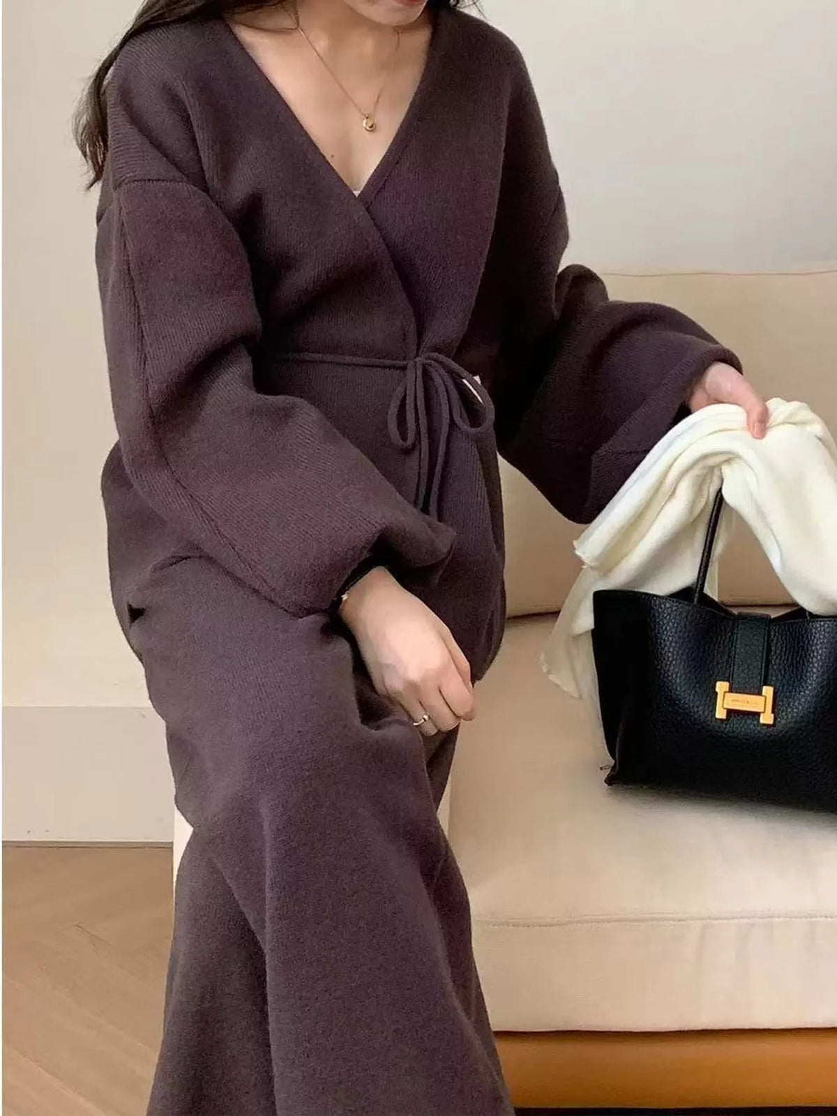 V-Neck Wrap Cardigan and Wide-Leg Pants Sweater Set in brown