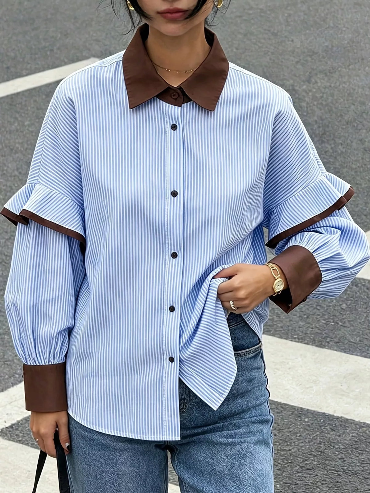 Contrast Collar and Cuff Striped Shirt — front view