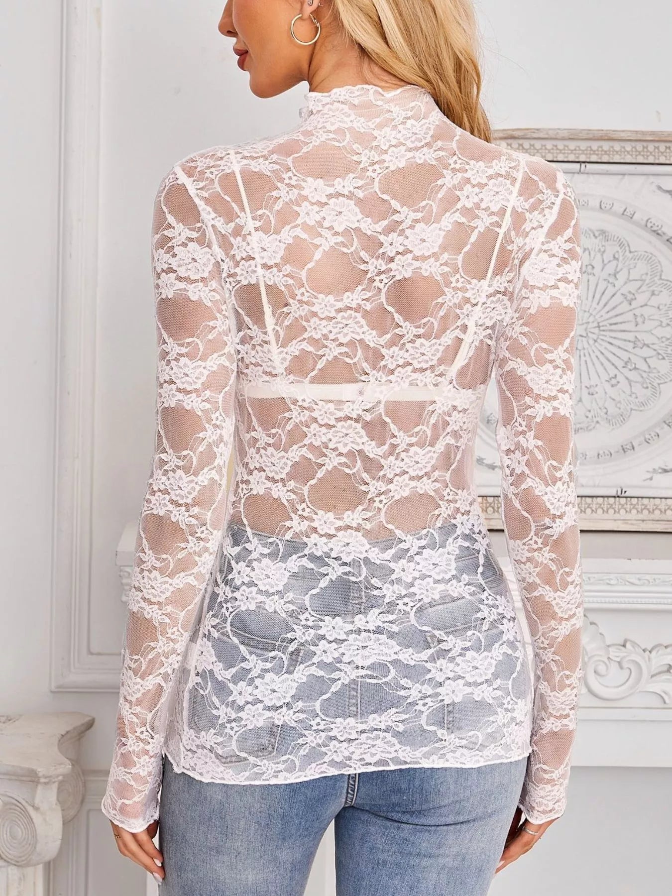 Trendsi Sheer Floral Lace Long Sleeve Top -