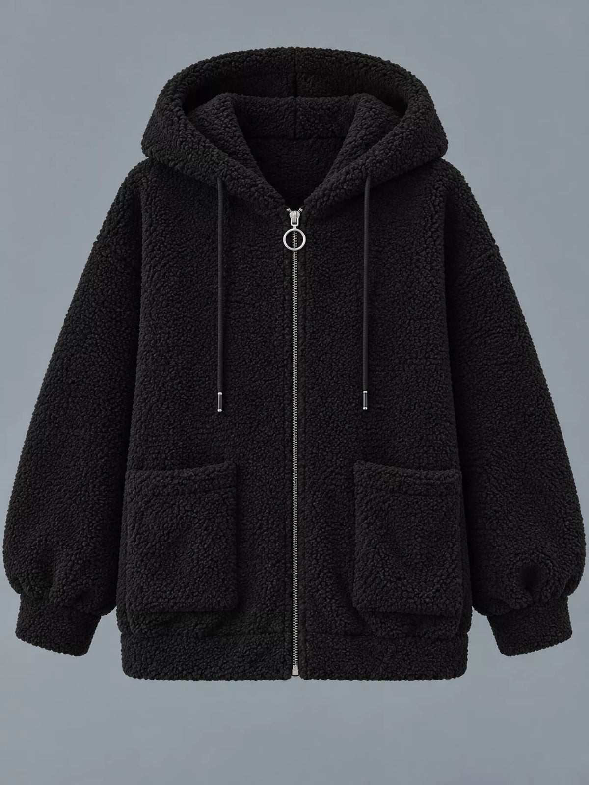 Black fleece zip-up hoodie with pockets