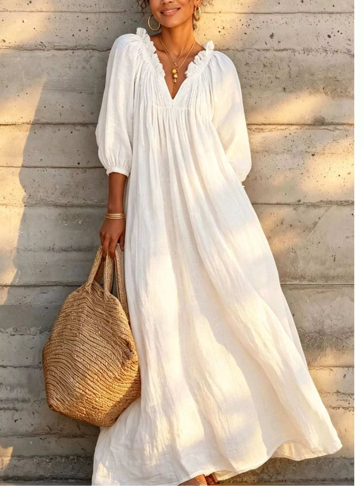 White tiered notched 3/4 sleeve maxi dress