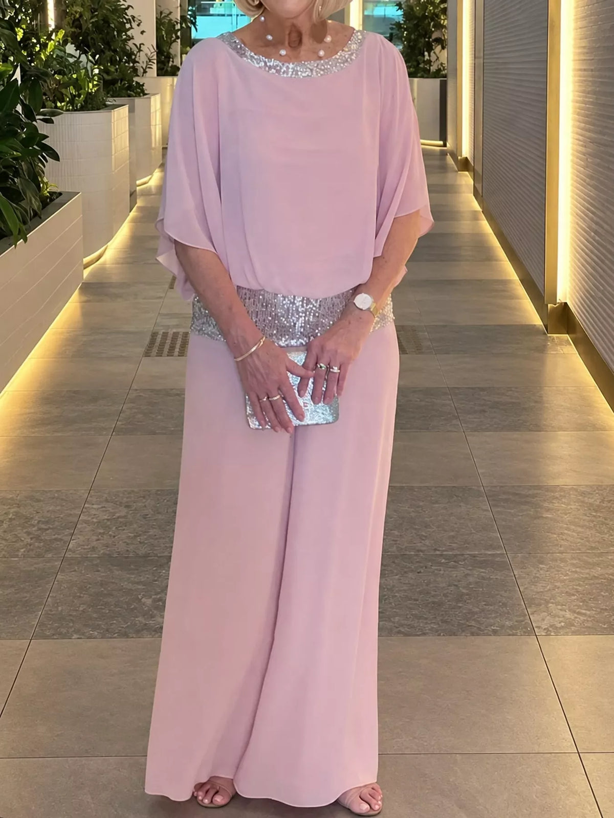 Chiffon Top and Wide-Leg Pants Set — front view