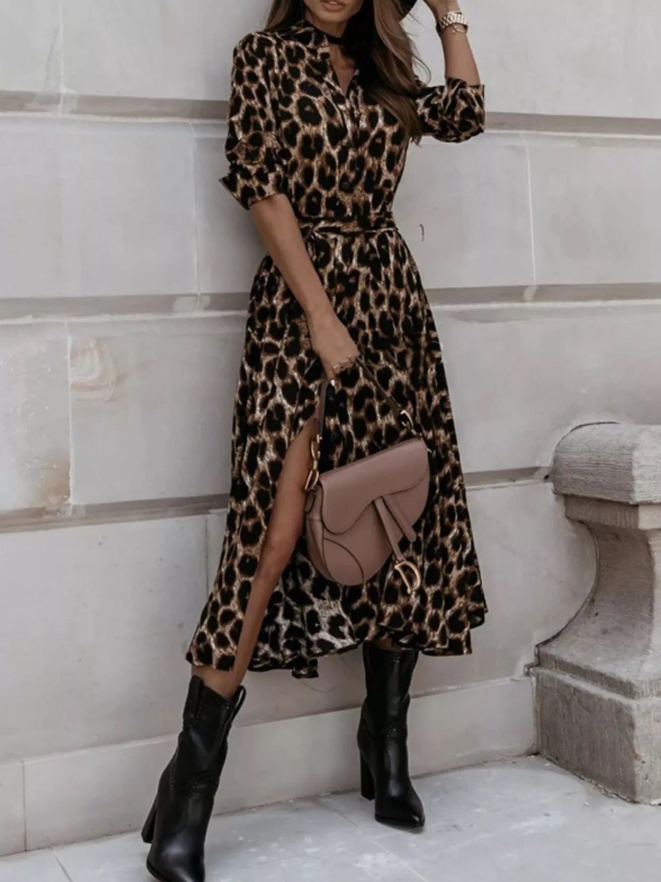 Trendsi Leopard Print Button-Down Midi Dress with Belt -