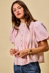 Trendsi SO ME Gingham Lace Trim Button Bubble Sleeves Blouse -