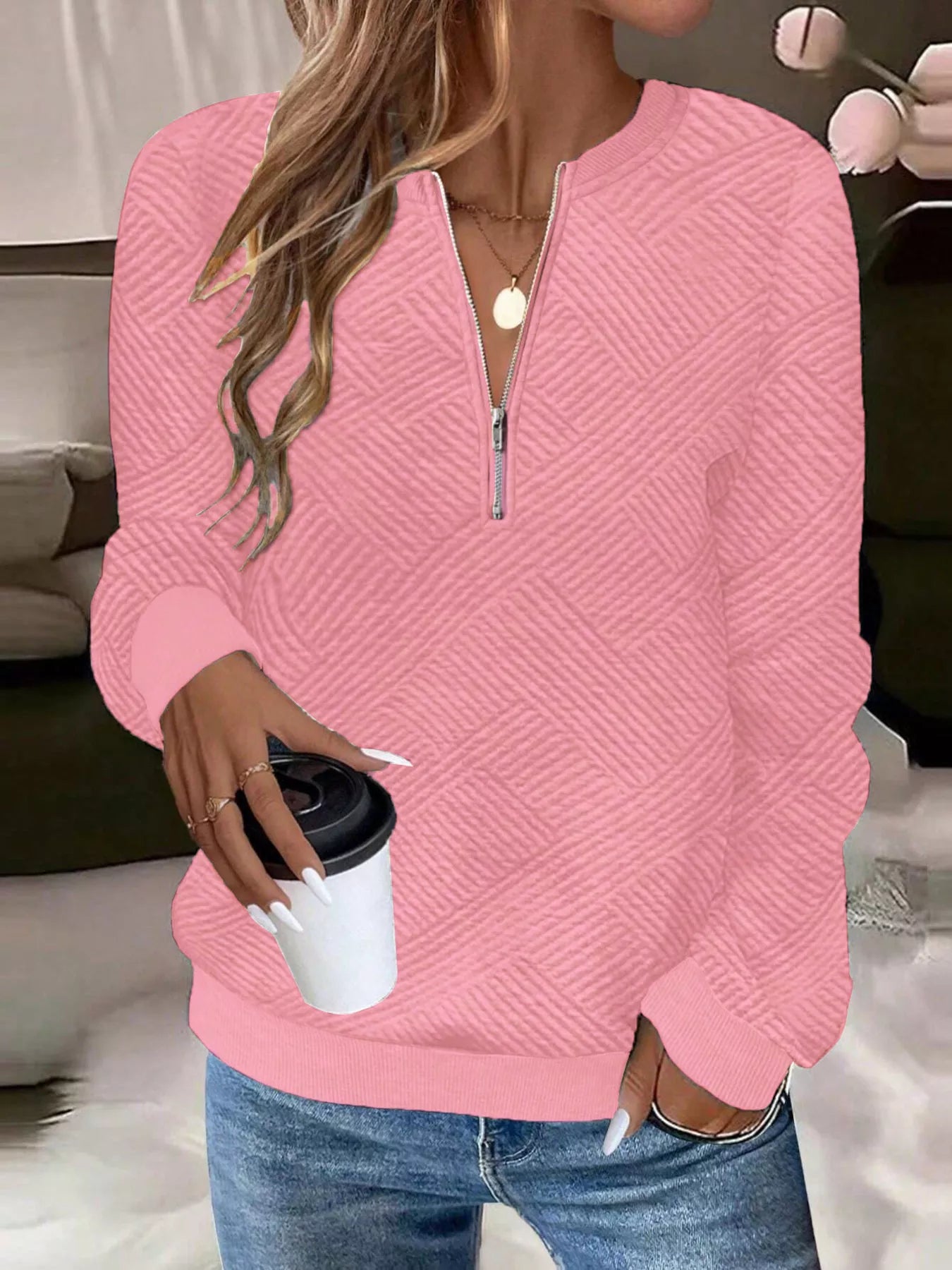 Trendsi Textured Quarter-Zip Sweatshirt -