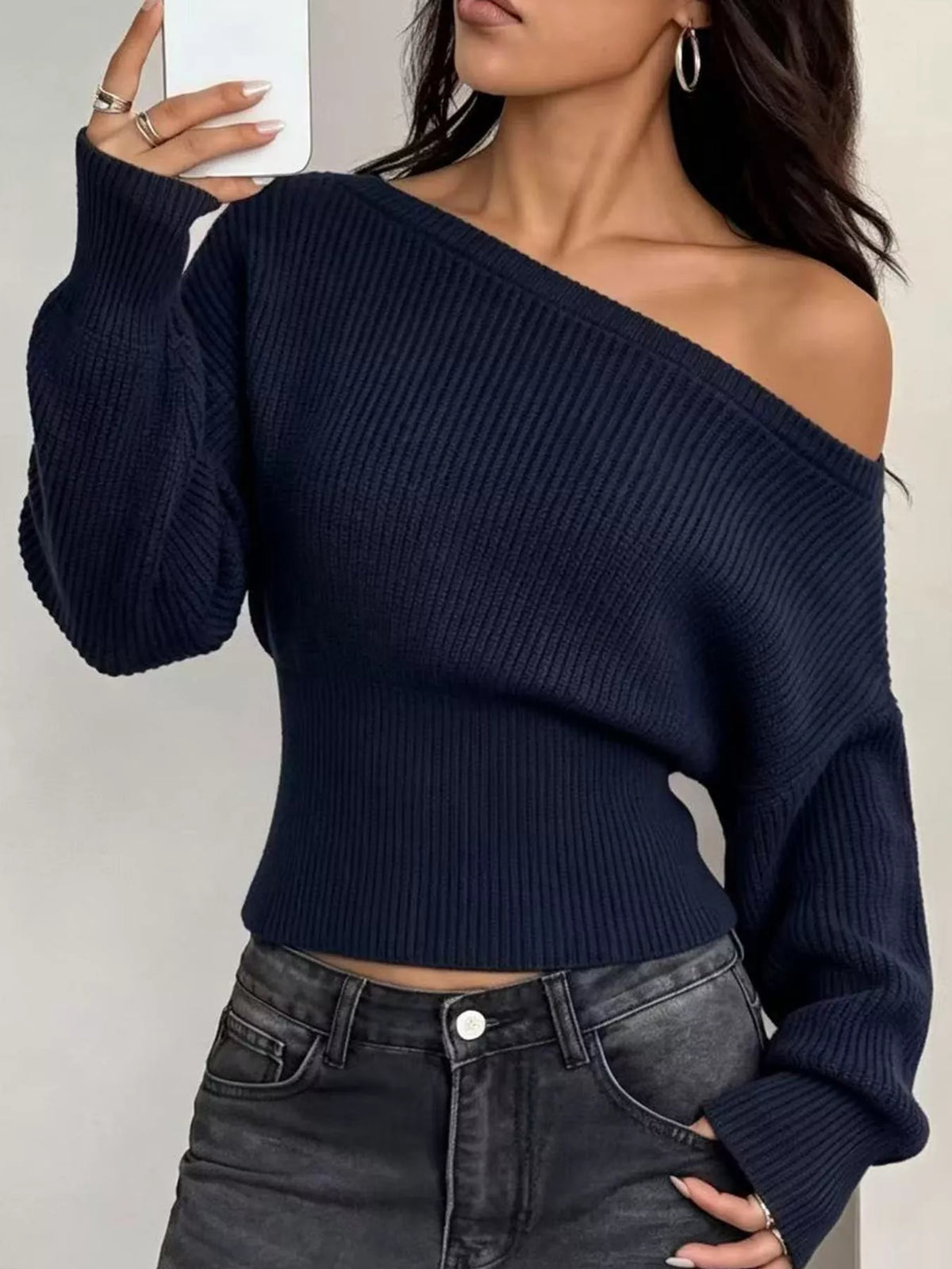 Navy Blue one shoulder ribbed knit sweater