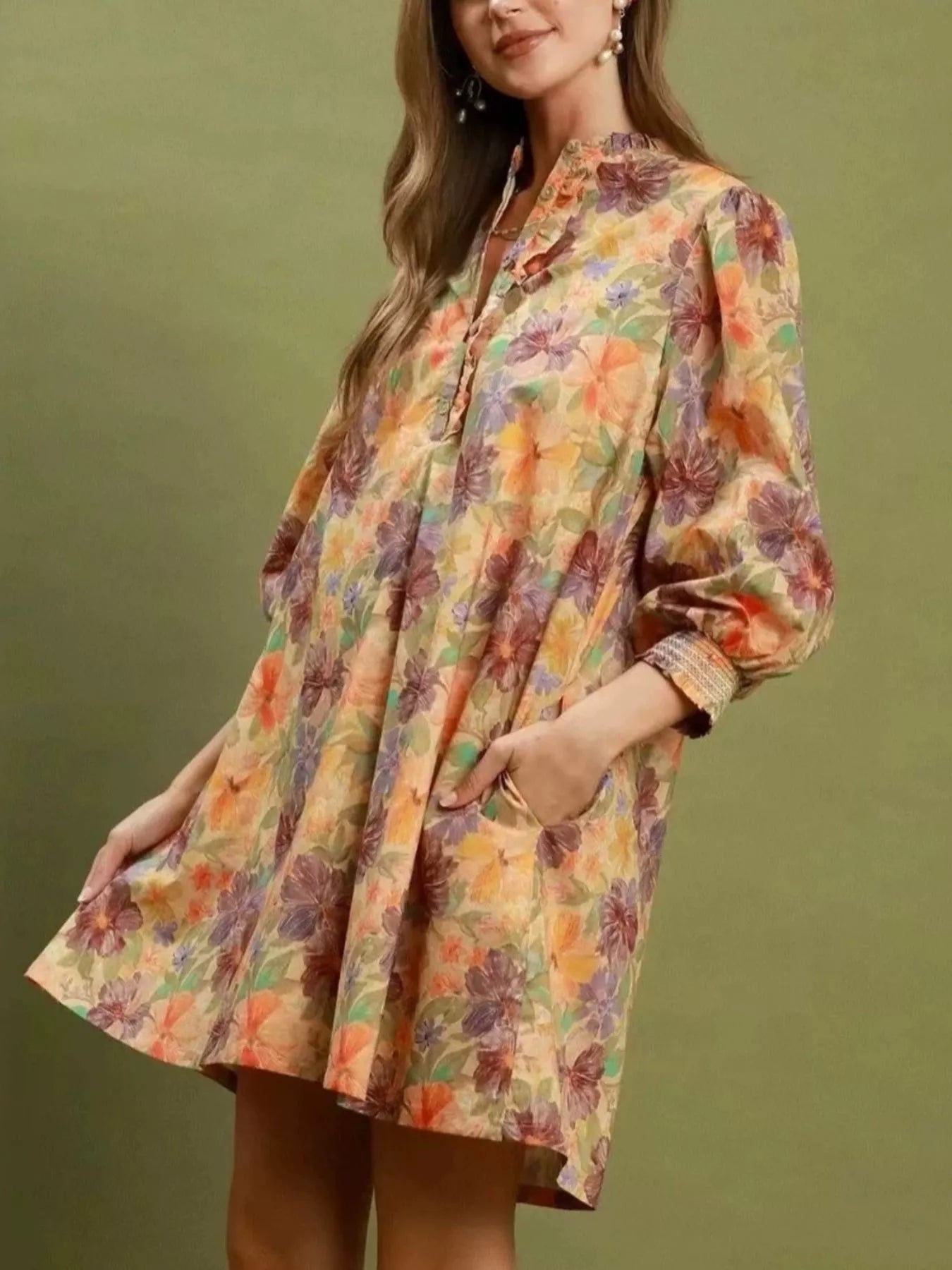 Trendsi Vintage Floral Print 3/4 Sleeve Dress -