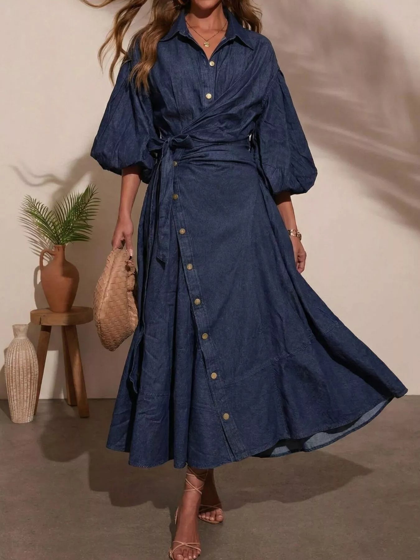 Trendsi Long Sleeve Wrap-Front Denim Dress -