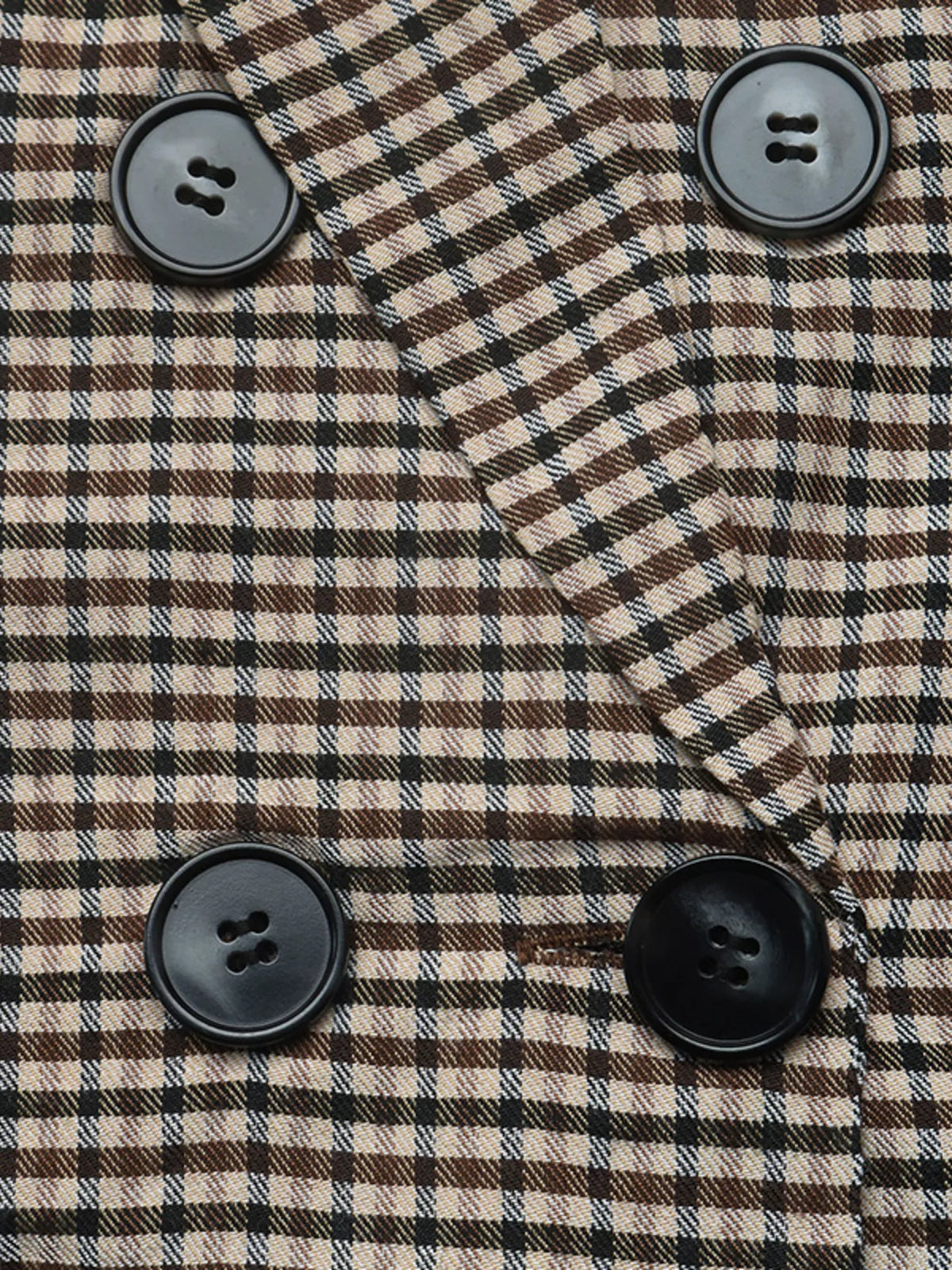 Brown plaid double-breasted blazer, button detail