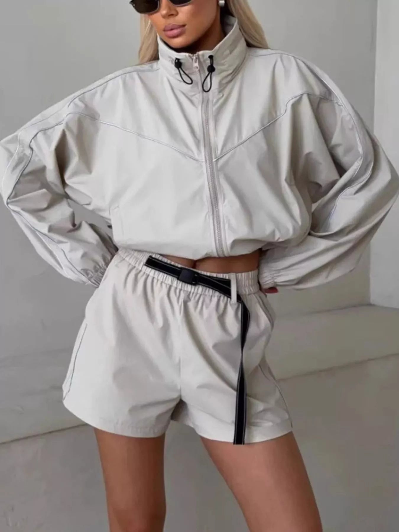 Trendsi Drawstring Zip-Up Jacket and Shorts Set -