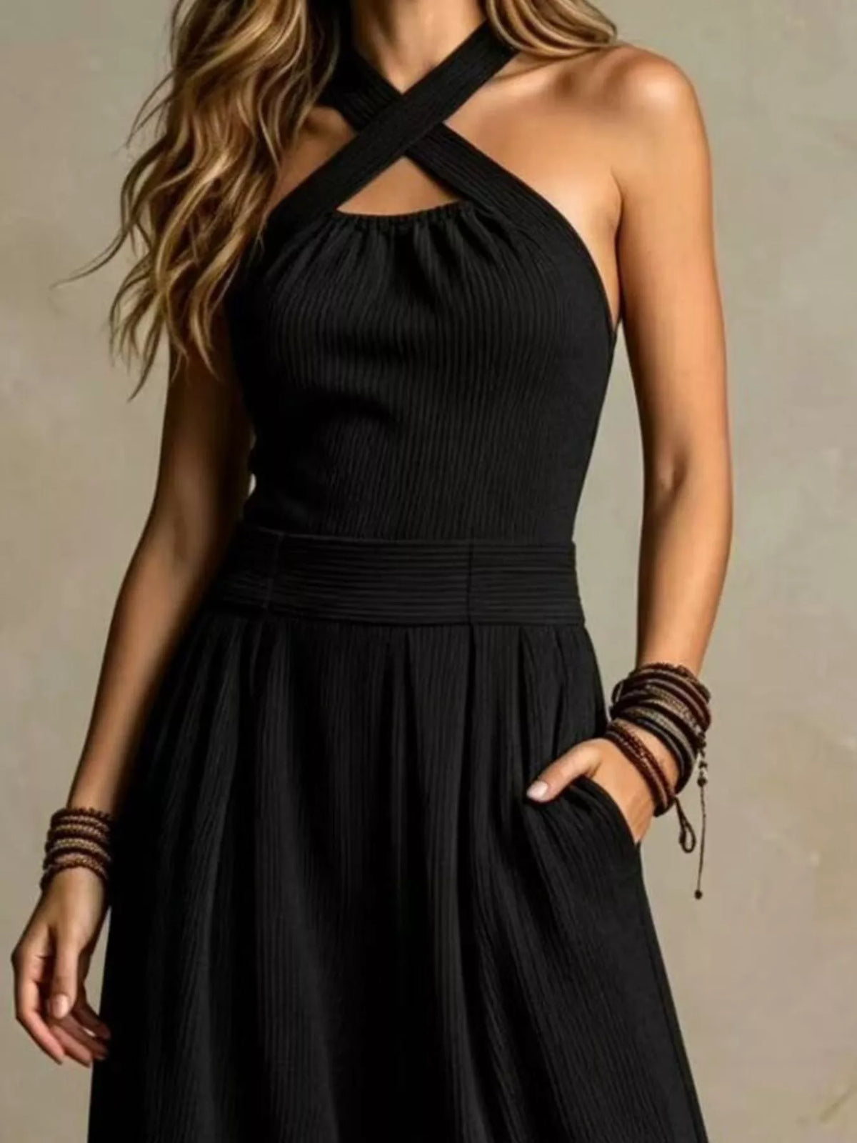 Black Halter Neck Wide-Leg Jumpsuit detail view