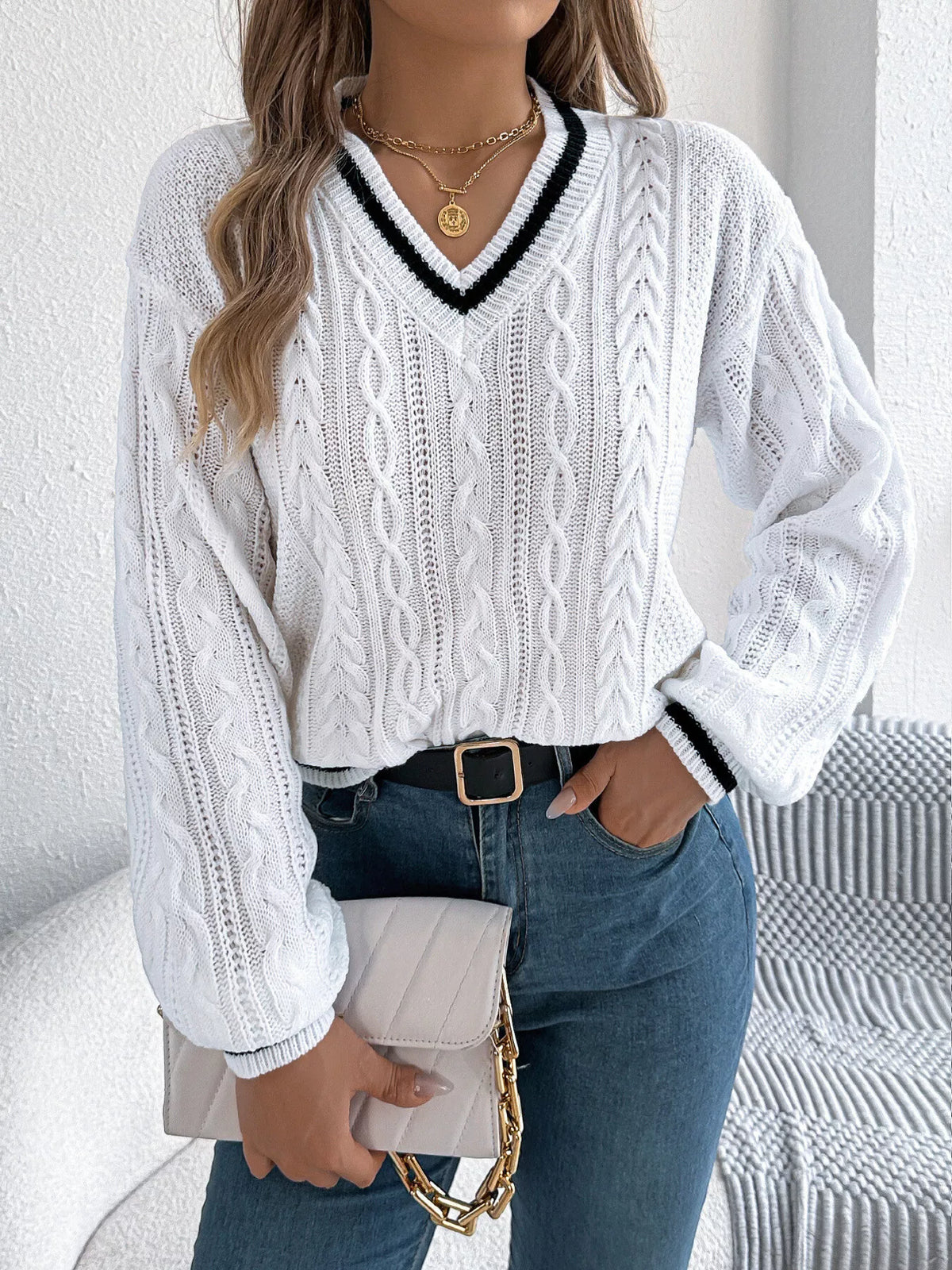 V-Neck Cable Knit Sweater with Striped Trim in white, front view