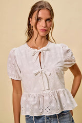 Trendsi SO ME Cotton Eyelet Front Tie Short Sleeves Blouse -