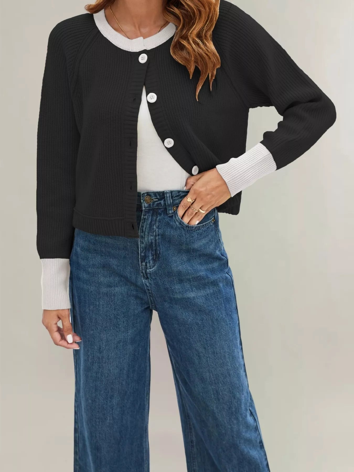 Trendsi Color Block Ribbed Knit Button-Front Cardigan -
