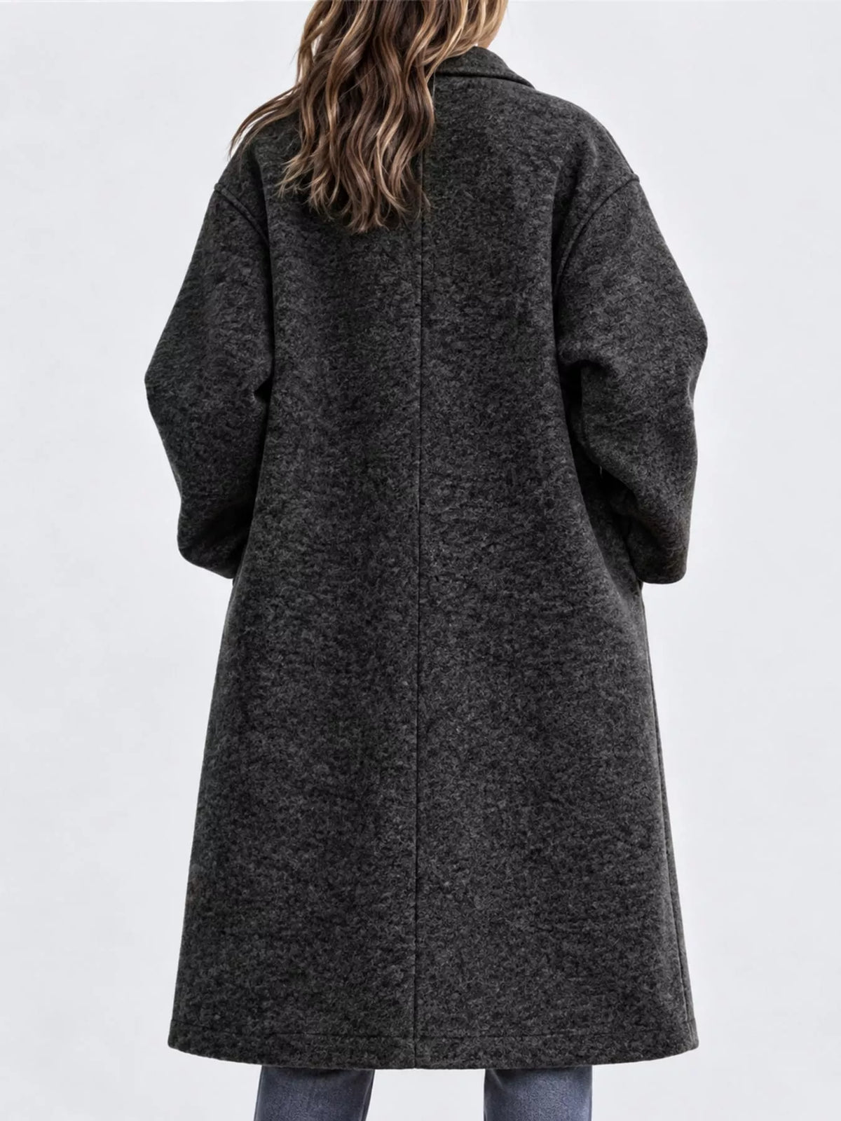 Charcoal lapel collar one button coat, back view