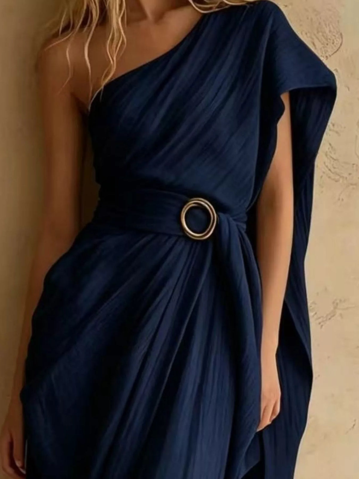 Navy one-shoulder draped maxi dress, draped neckline and buckle detail