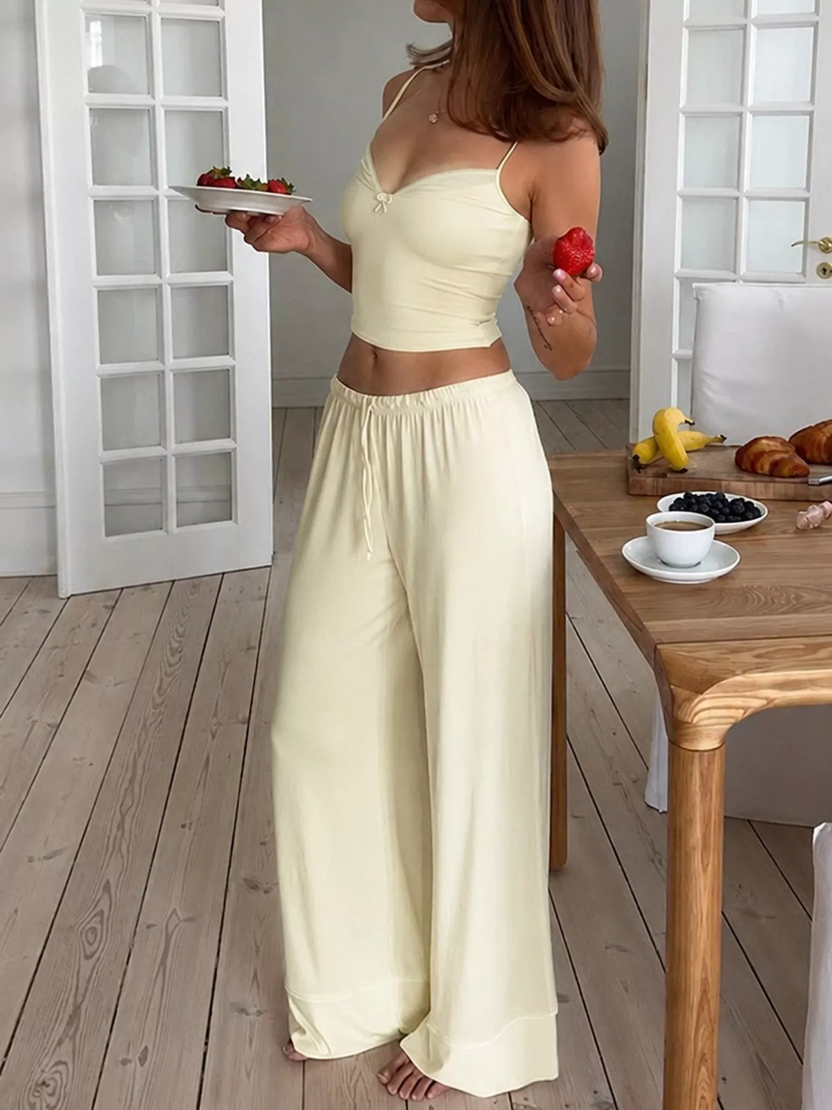 Yellow crop cami and wide-leg pants lounge set, back view