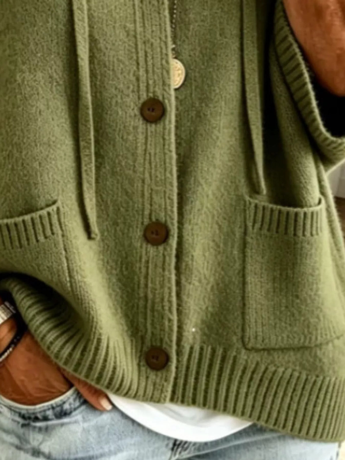 Trendsi Full Size Casual Hooded Button-Down Knit Cardigan with Pockets Plus Size -