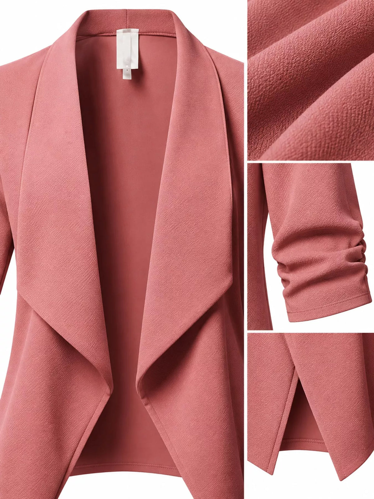 Pink open-front blazer with ruched 3/4 sleeves, lapel, sleeve gathering, and hem