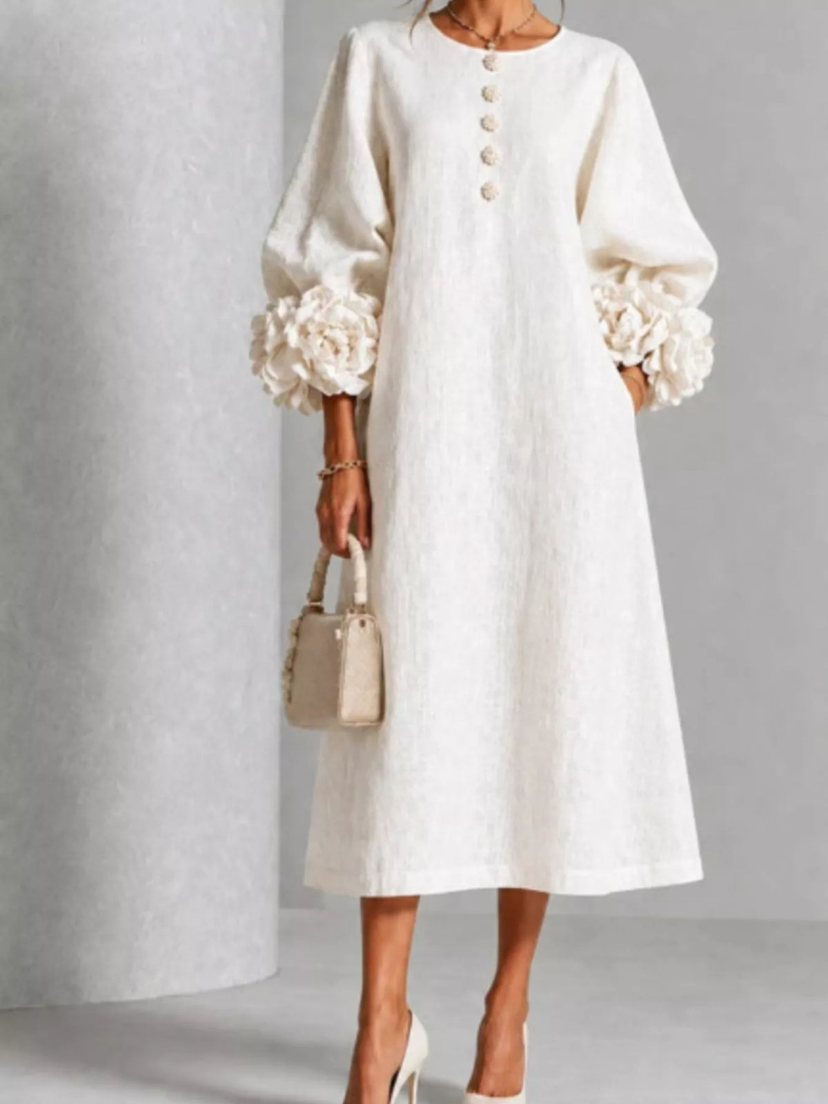 Trendsi 3D Floral Round Neck Midi Dress -