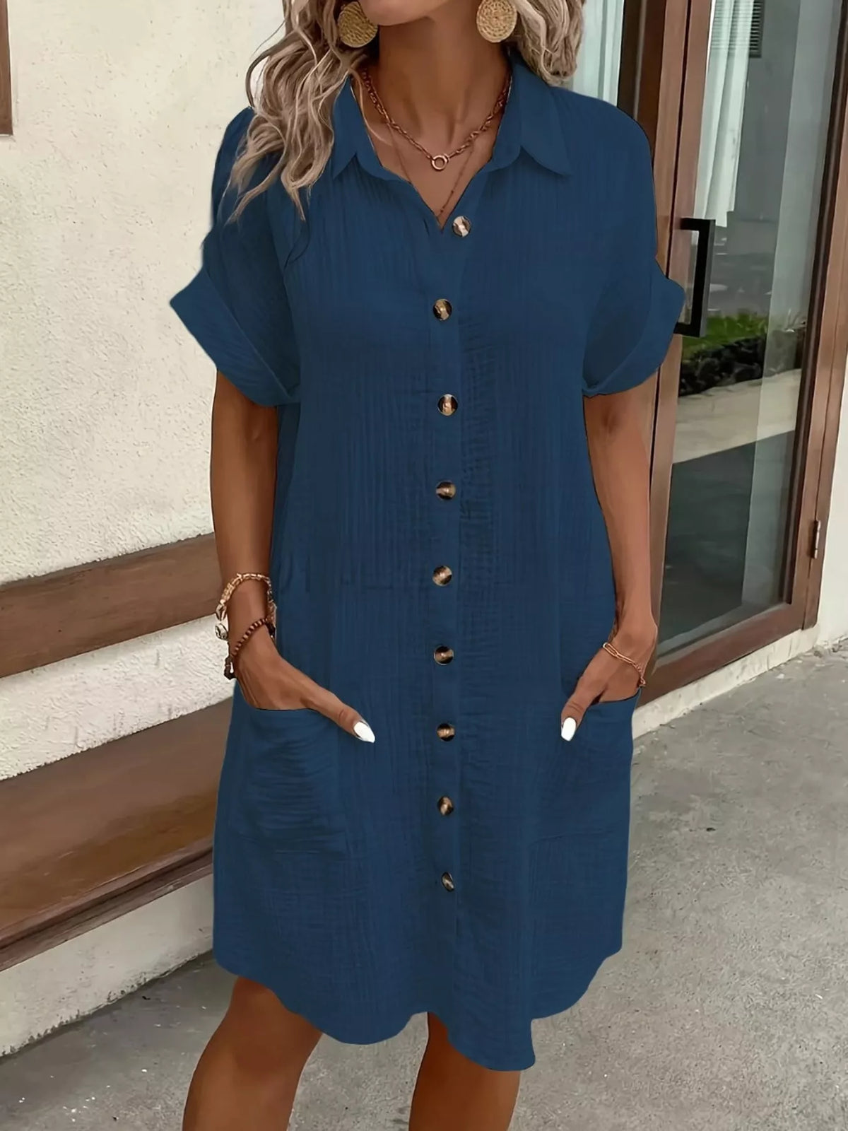 Dark blue textured button-front shirt dress with pockets