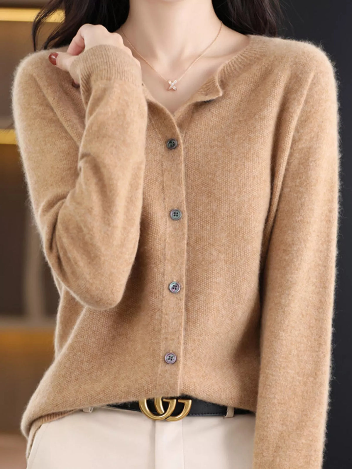 Ribbed cardigan, tan front