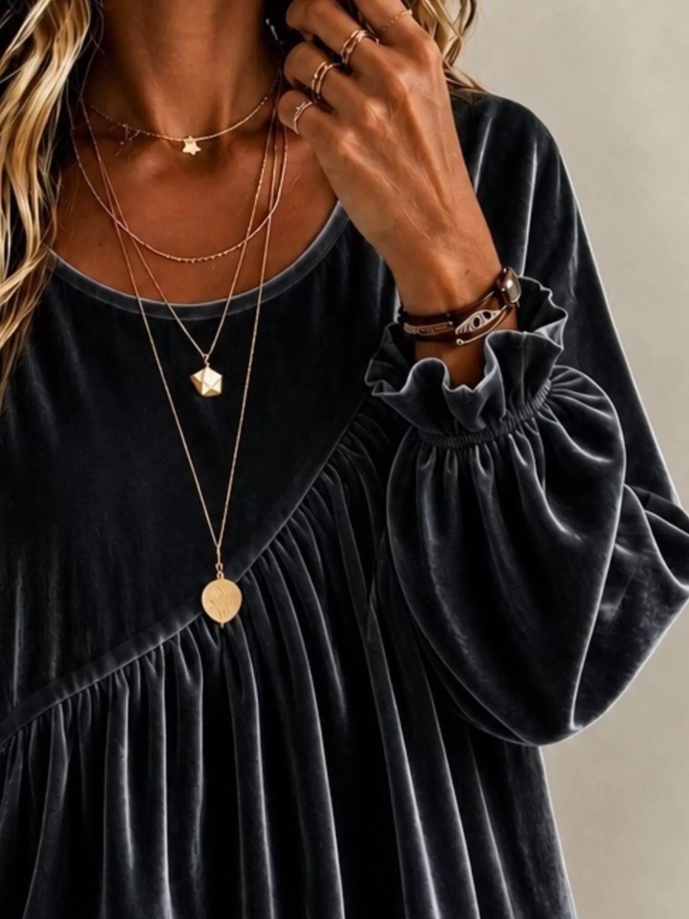 Trendsi Full Size Velvet Round Neck Long Sleeve Blouse Plus Size -