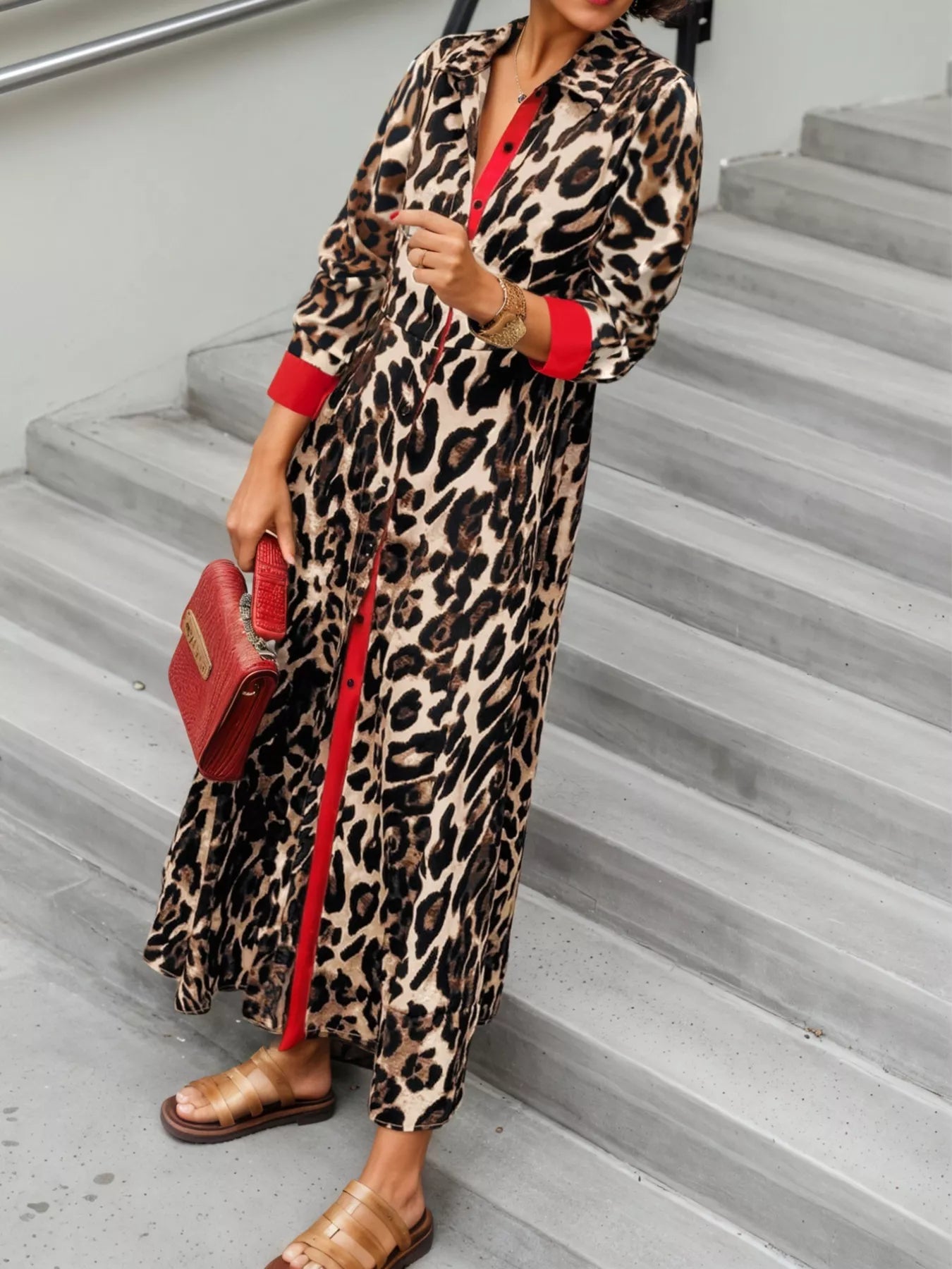 Trendsi Leopard Print Long Sleeve Shirt Dress with Contrast Trim -