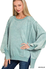 Trendsi Zenana Acid Washed Batwing Sleeve Fleece Sweatshirt -