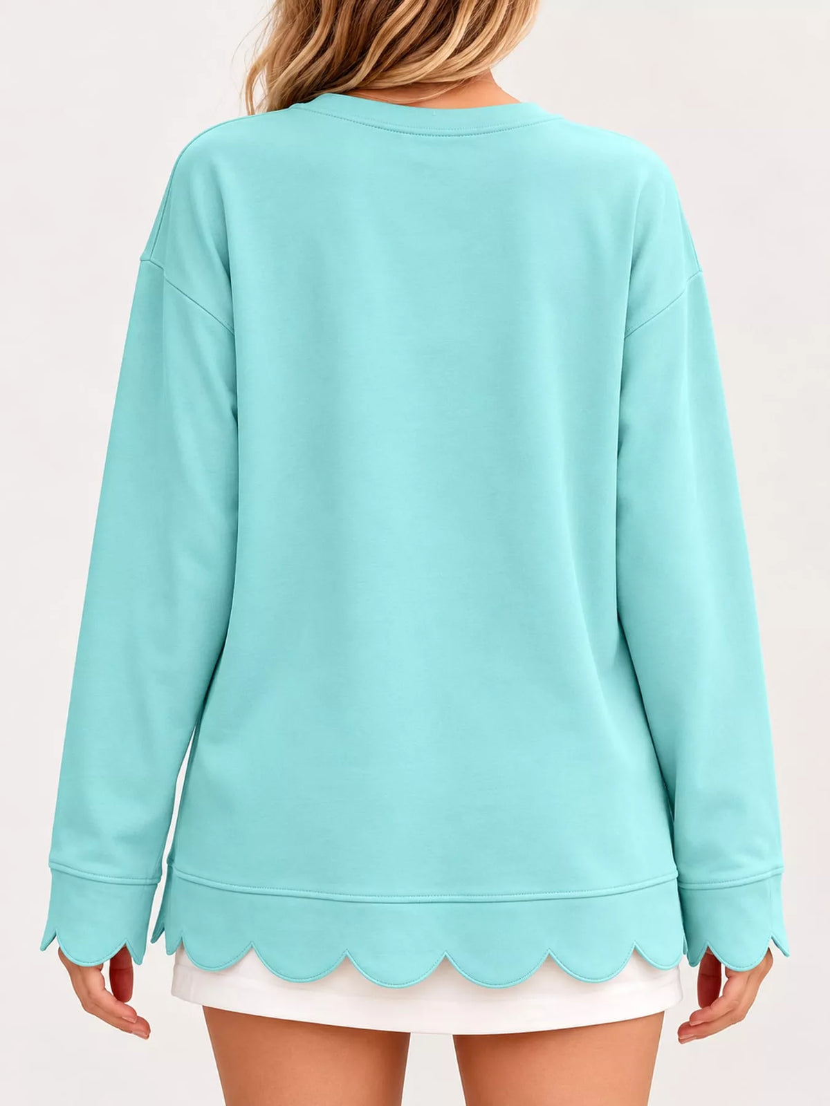 Mint Blue-Green scalloped hem crewneck sweatshirt, back view