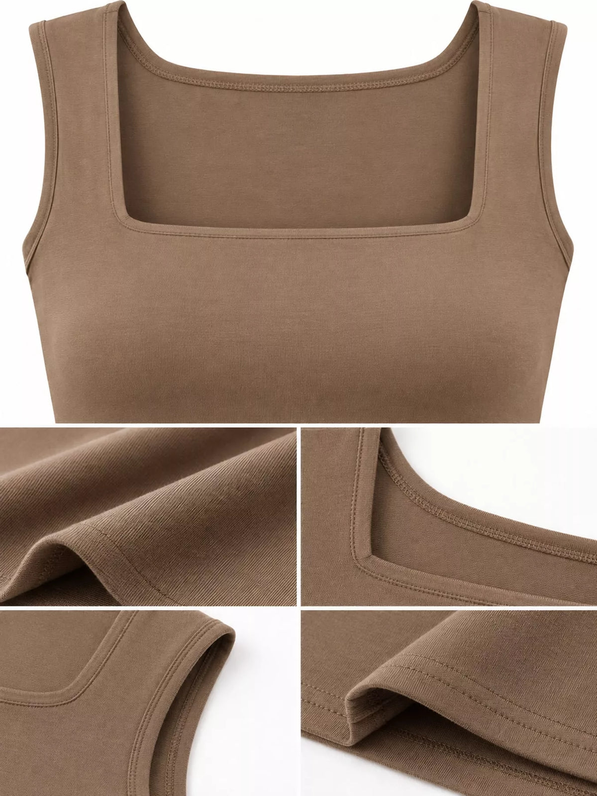 Brown square-neck tank, fabric and neckline detail collage